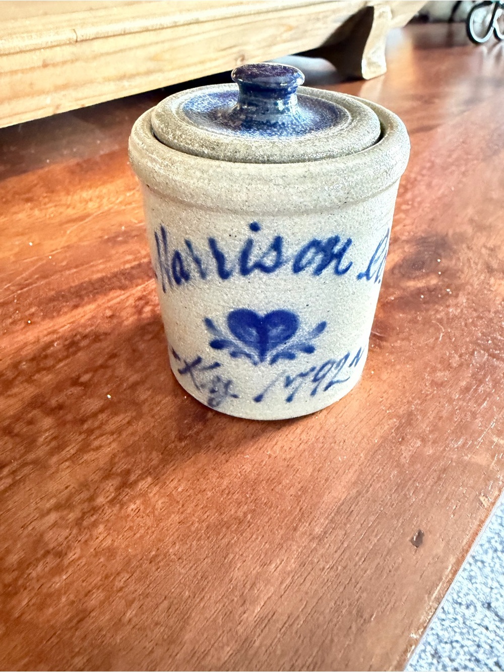 Small Stoneware Crock with Blue Floral Heart Motif